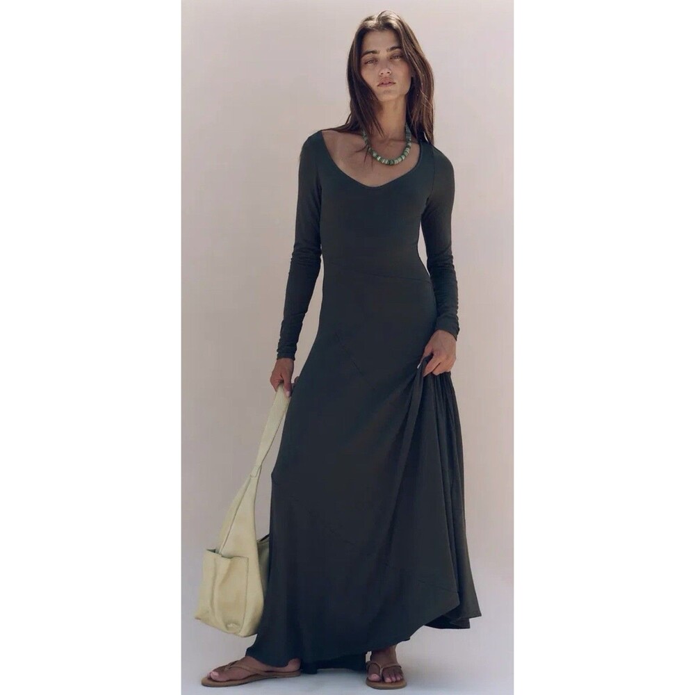 🔥 FREE-EST Tatiana Long Sleeve Asymmetrical Seam Maxi Gray / Green NEW W/Defect